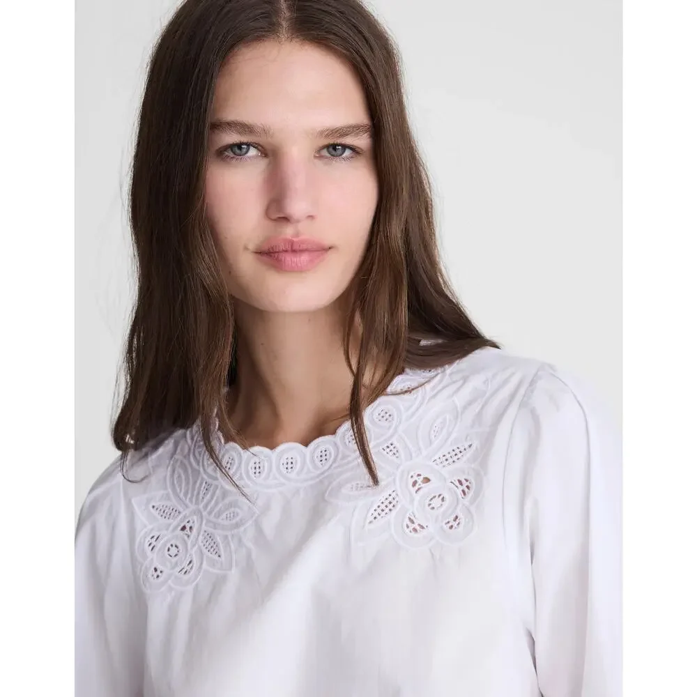 Madewell Women's Embroidered Puff-Sleeve Top in Poplin White Size Small NWT